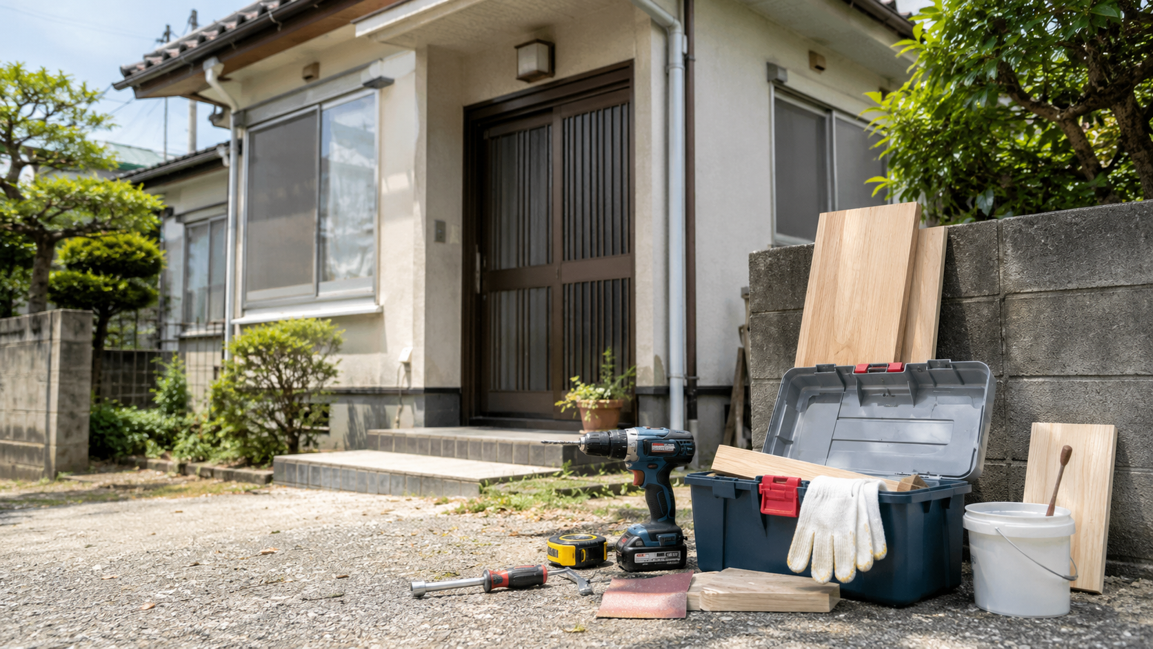 築古戸建てのDIY修繕に使う工具と住宅のイメージ