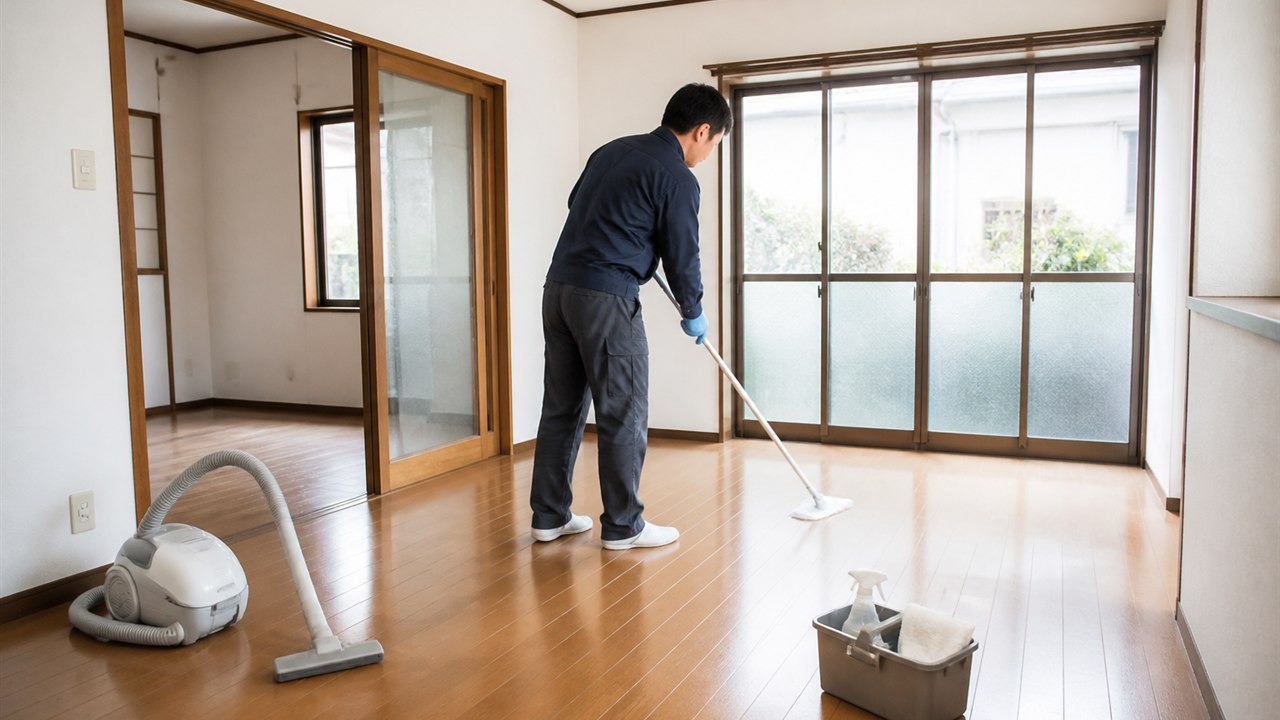 空室中の戸建て賃貸の居室を清掃する大家