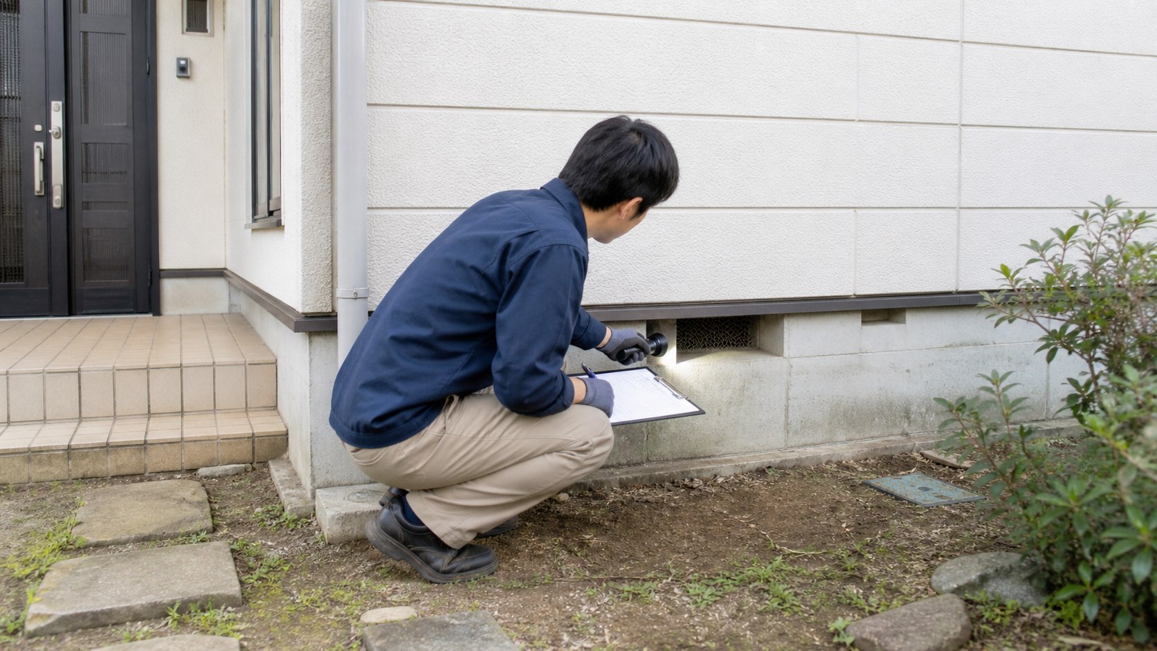 空室中の戸建て賃貸で基礎の通気口を点検する大家