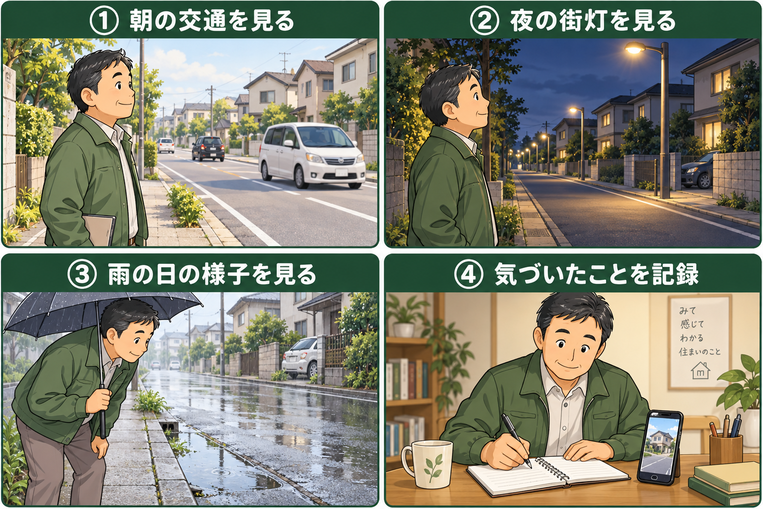 戸建て周辺の朝の交通、夜の街灯、雨の日の様子を確認し、気づいたことを記録する4コマ漫画