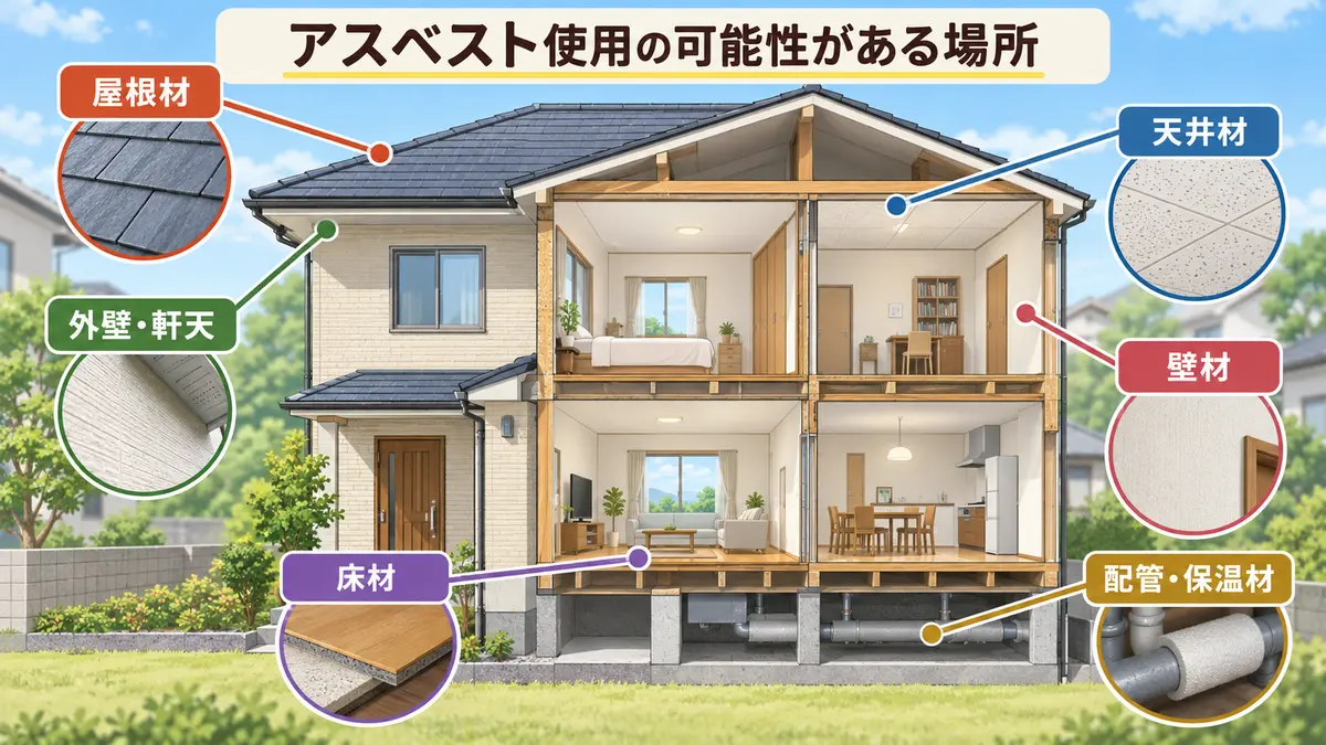 築古戸建てでアスベスト使用の可能性がある屋根材・外壁・軒天・天井材・壁材・床材・配管保温材の図解