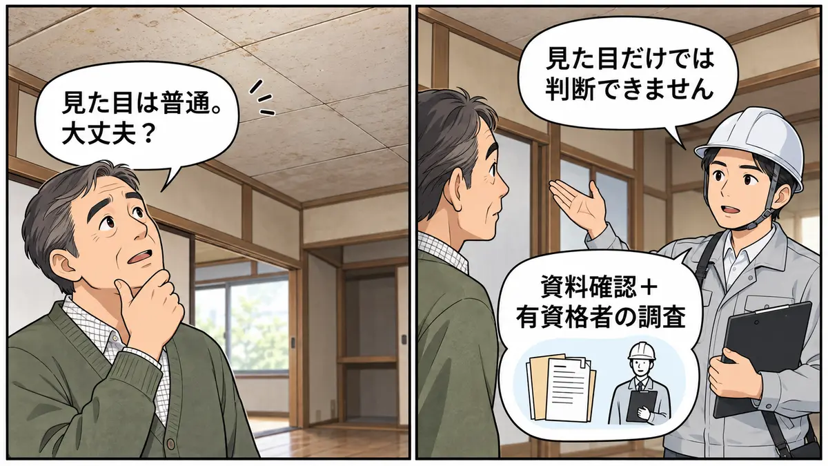 築古戸建ての建材を見た目だけで判断せず資料確認と有資格者調査を行う2コマ漫画