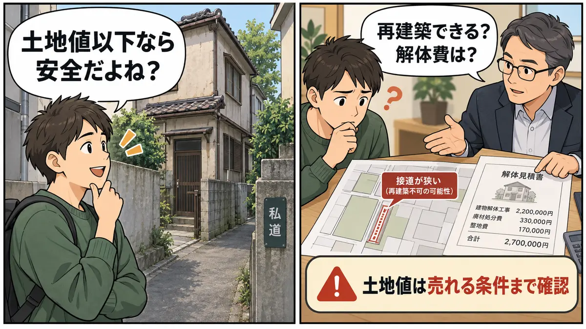 土地値以下でも再建築の可否と解体費によって安全とは限らないことを示す2コマ漫画