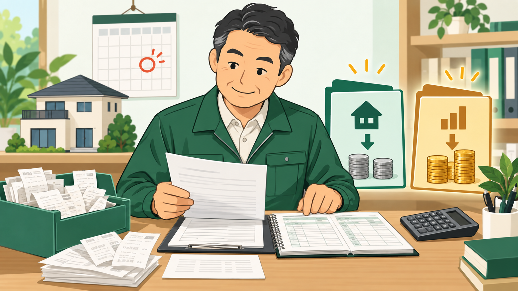 賃貸経営の青色申告に向けて申請書や帳簿を準備する大家のイラスト
