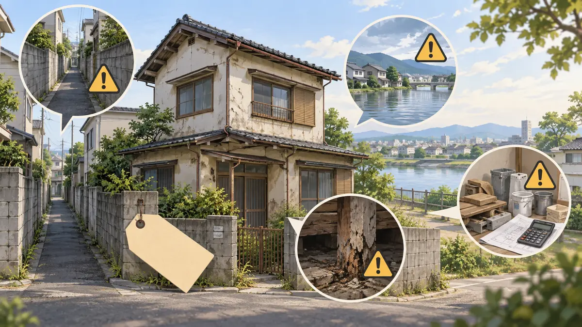 安い築古戸建てに隠れた購入リスクを確認する大家のイラスト
