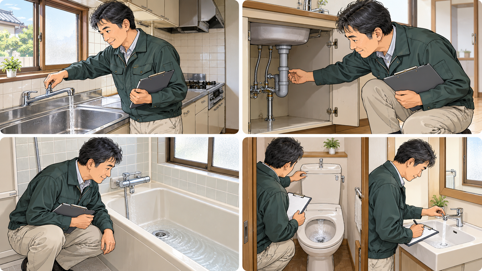 築古戸建てのキッチン・浴室・トイレ・洗面で給排水設備を確認する大家のイラスト