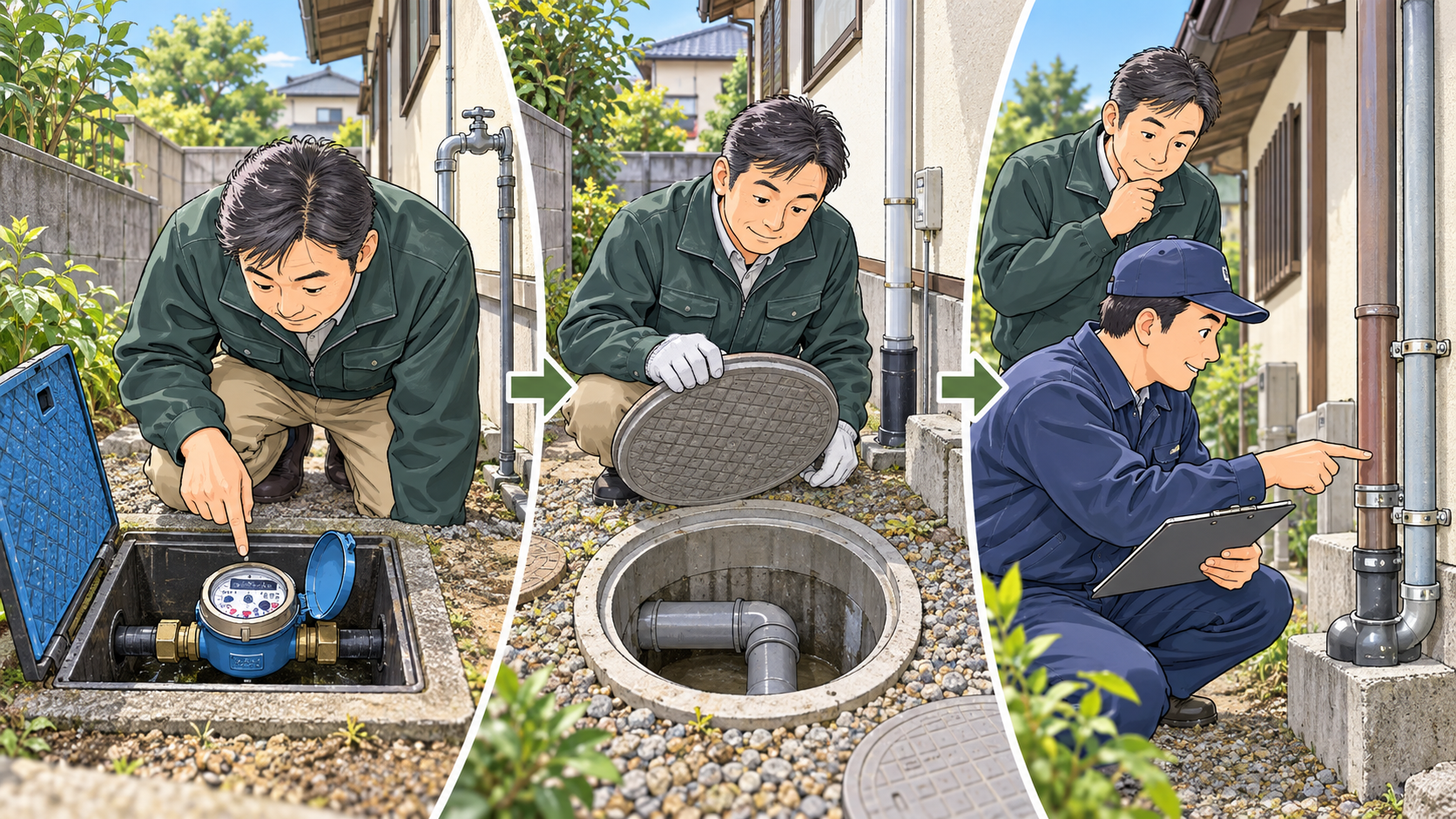 築古戸建ての水道メーター・排水桝・屋外配管を確認する大家と専門業者のイラスト