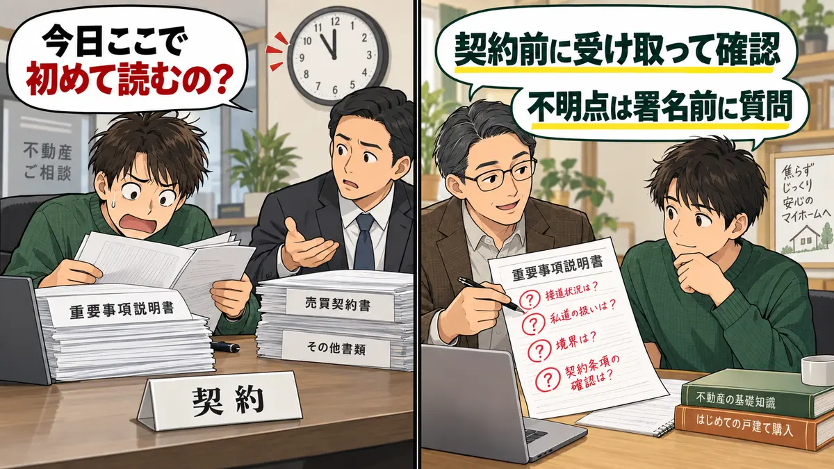重要事項説明書を契約当日に初めて読み慌てる失敗と事前確認の必要性を示す2コマ漫画