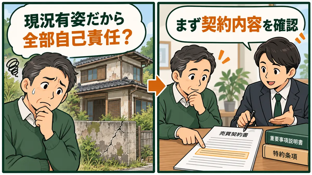 現況有姿だからすべて自己責任だと誤解する買主と契約内容を確認する2コマ漫画