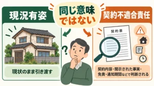 現況有姿と契約不適合責任の違いを確認する大家のイラスト