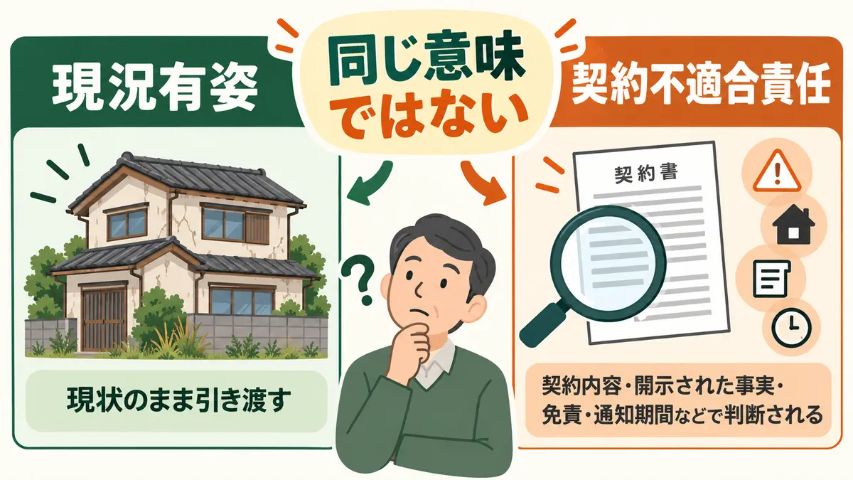 現況有姿と契約不適合責任の違いを確認する大家のイラスト