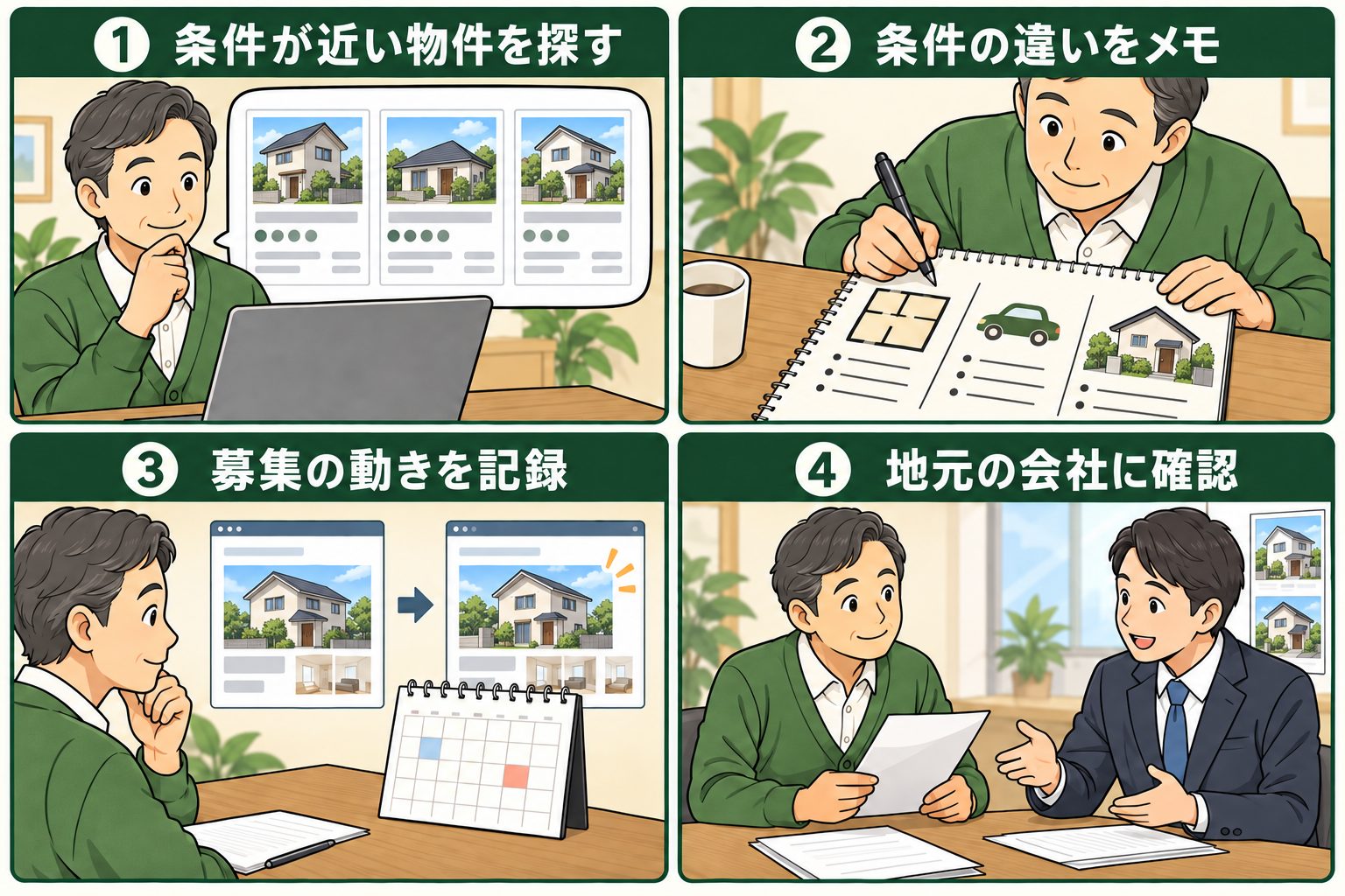 条件が近い戸建て賃貸を探し、条件の違いと募集の動きを記録して地元の不動産会社に確認する4コマ漫画
