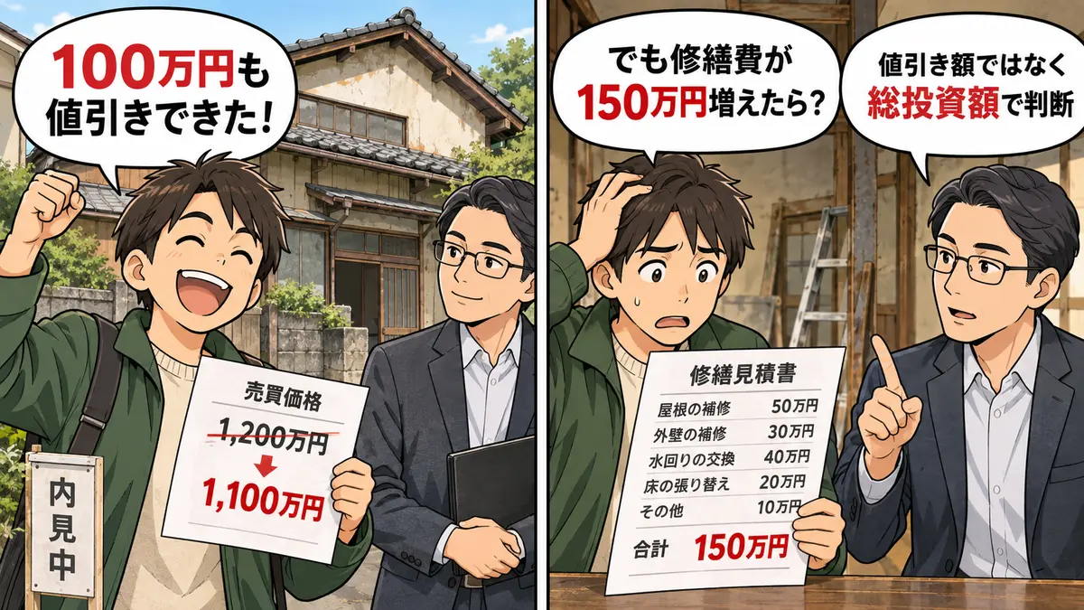 100万円の値引きより修繕費150万円の増加が大きくなる買付判断の失敗例を示す2コマ漫画