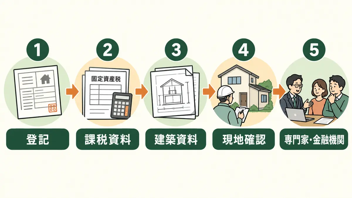 登記・課税資料・建築資料・現地確認・専門家と金融機関の順で未登記増築を確認する図解