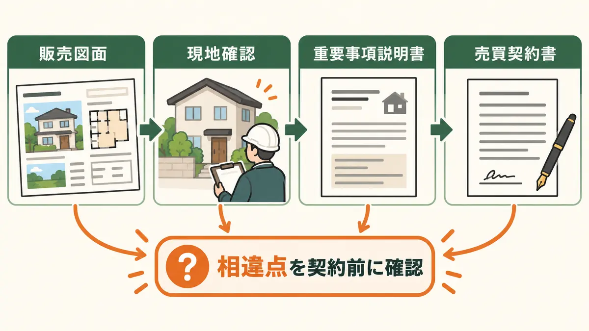 販売図面・現地確認・重要事項説明書・売買契約書の相違点を契約前に照合する図解