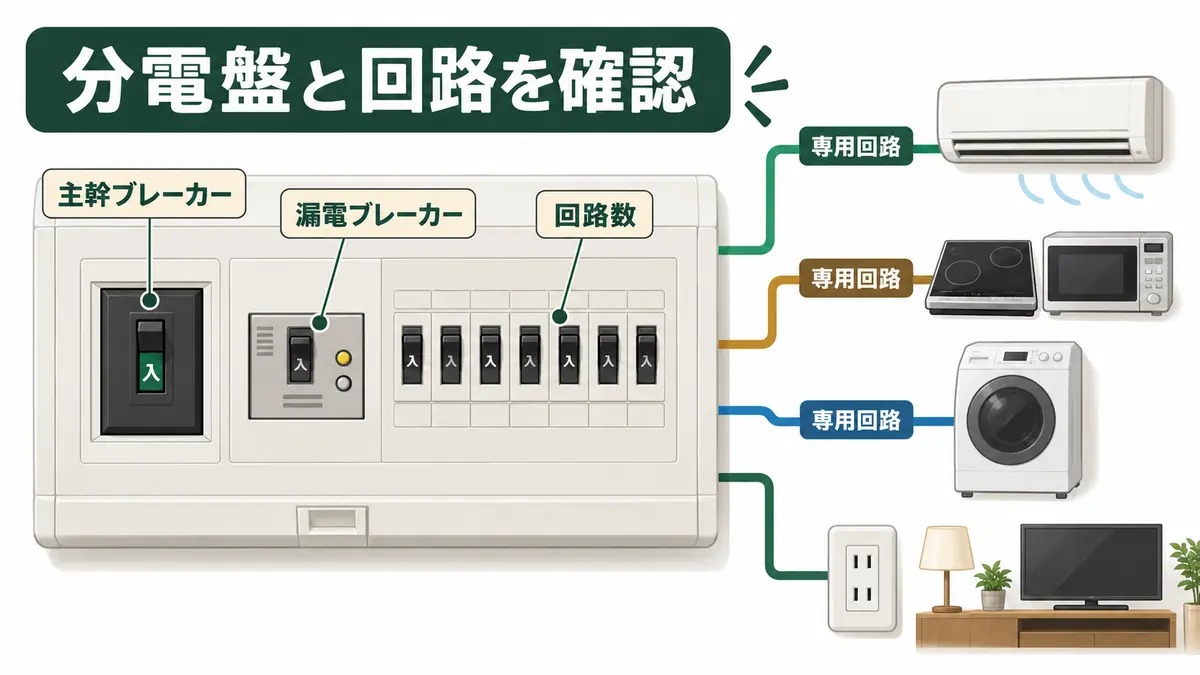 築古戸建ての分電盤で主幹ブレーカー・漏電ブレーカー・回路数・専用回路を確認する図解