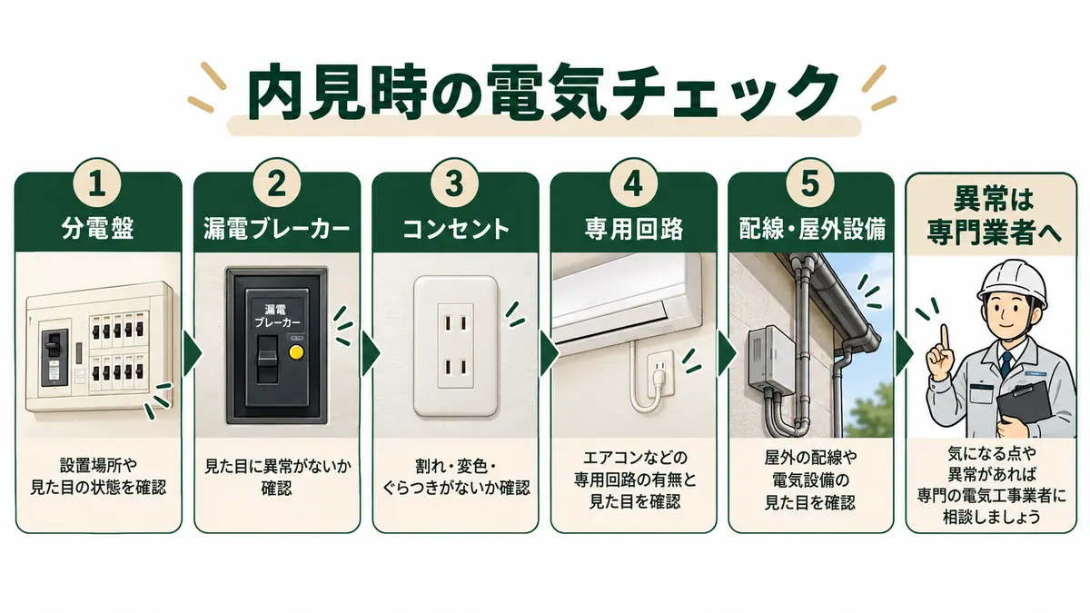 築古戸建ての分電盤や配線など電気設備を確認する大家のイラスト