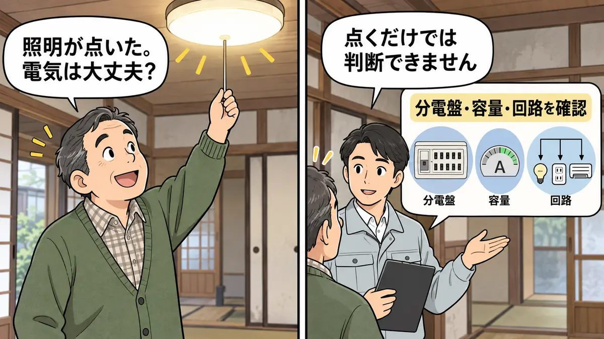 照明が点くだけでは築古戸建ての電気設備の安全性を判断できないことを伝える2コマ漫画