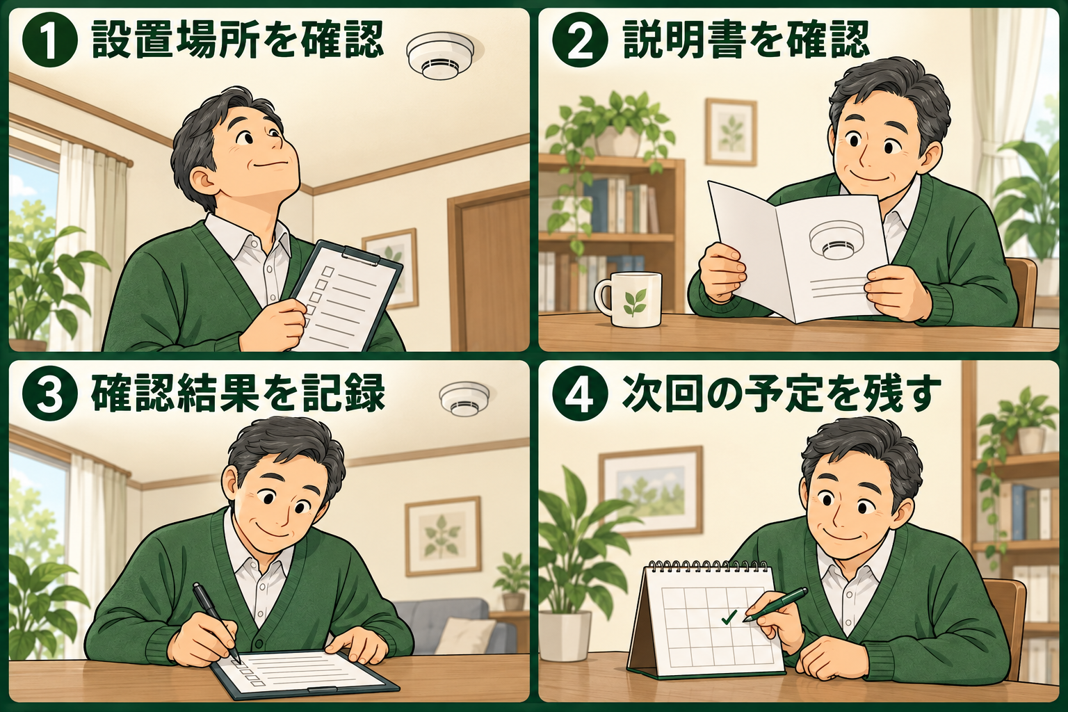 火災警報器の設置場所と説明書を確認し、確認結果と次回予定を記録する4コマ漫画