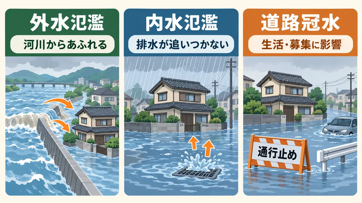 築古戸建て周辺で起こる外水氾濫・内水氾濫・道路冠水の違いを比較する図解
