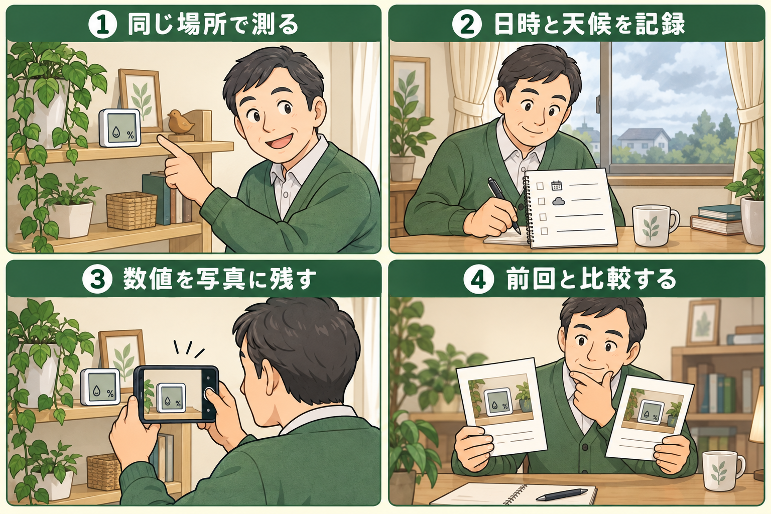 同じ場所で温湿度を測り、日時と天候、数値の写真を残して前回と比較する4コマ漫画