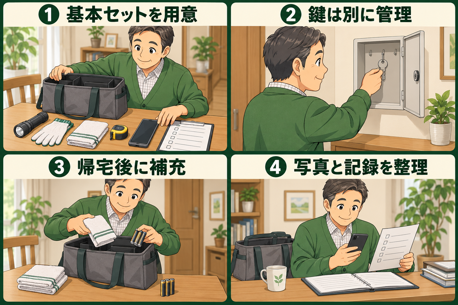 巡回バッグの基本セットを用意し、鍵を別管理して、帰宅後に消耗品の補充と写真の整理をする4コマ漫画