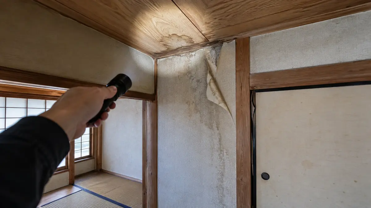 築古戸建ての天井や壁の雨漏り跡と湿気を懐中電灯で確認する様子