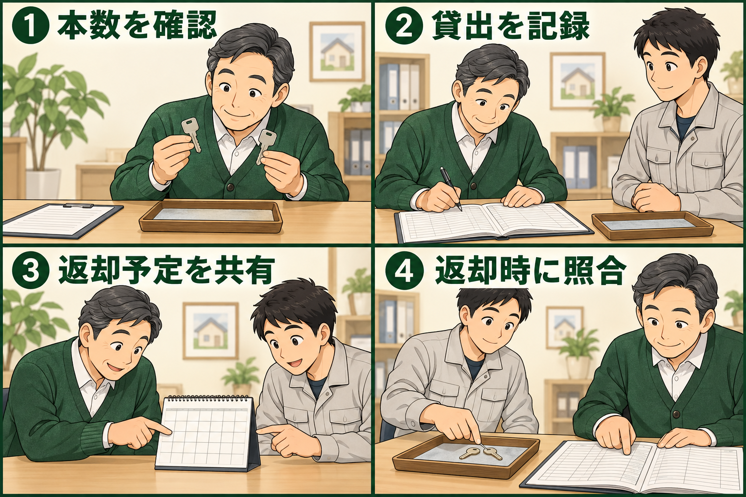 鍵の本数確認、貸出記録、返却予定の共有、返却時の照合を描いた4コマ漫画