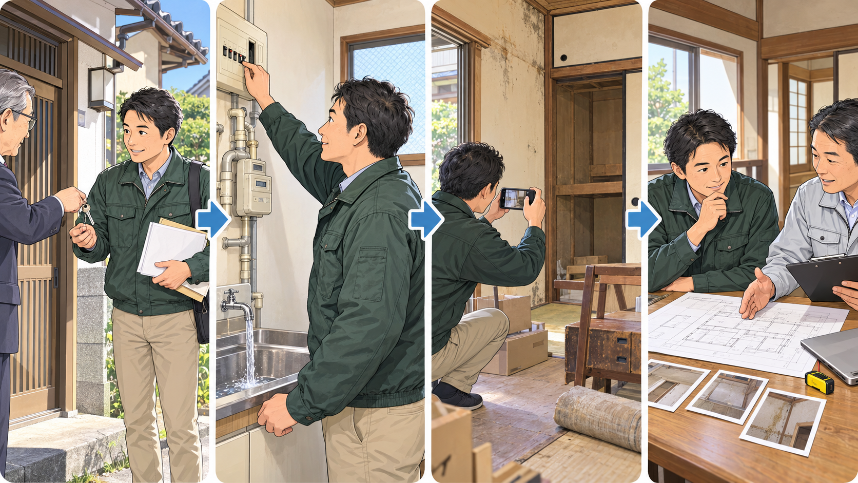 築古戸建ての引渡しからライフライン確認・現況記録・修繕計画までを進める大家のイラスト