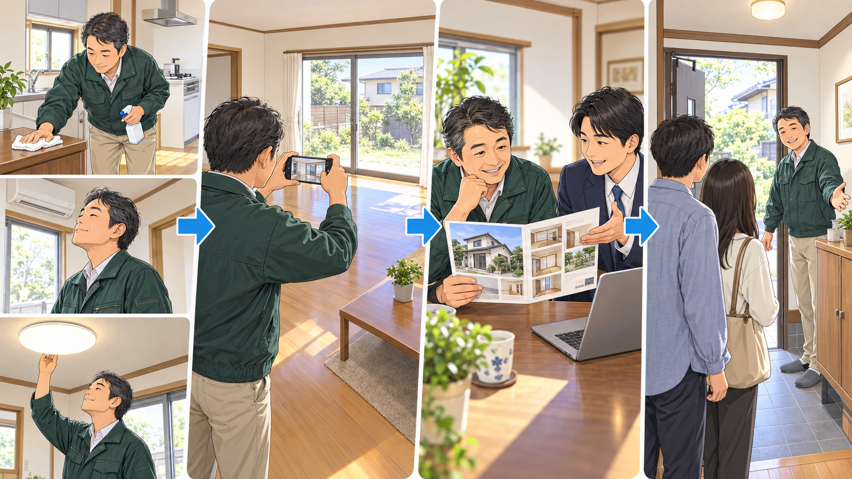 戸建て賃貸の清掃・設備確認・募集写真・内見準備を進める大家のイラスト
