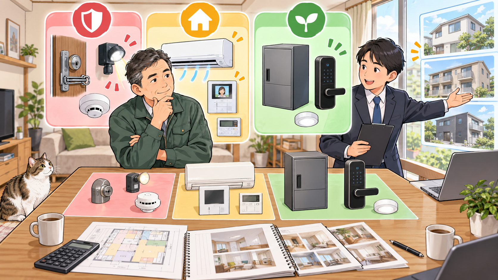 戸建て賃貸の設備を安全・必須・差別化の順で検討する大家と不動産会社のイラスト
