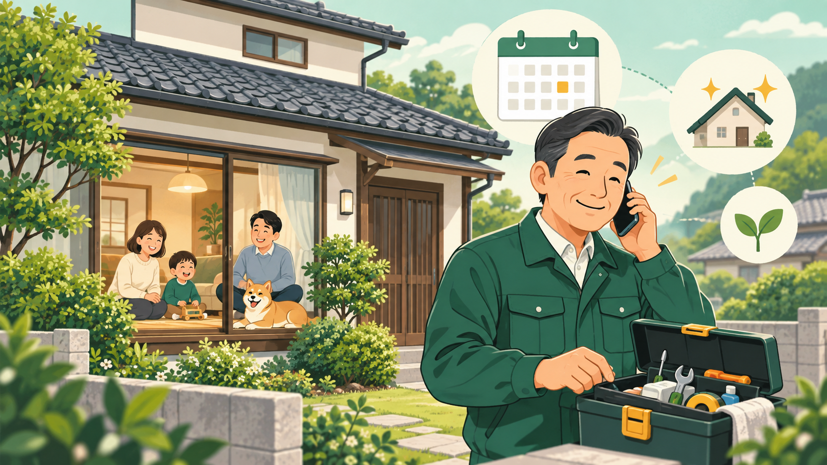 戸建て賃貸で長期入居につながる管理と迅速な対応を行う大家のイラスト