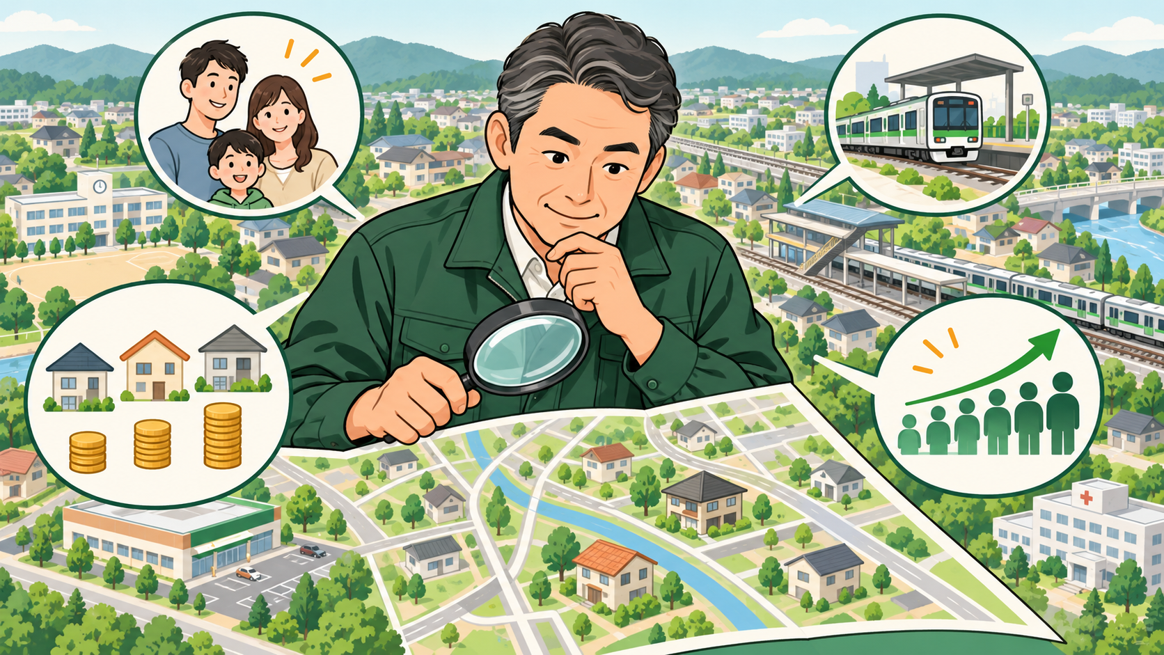 築古戸建ての賃貸需要・家賃相場・交通・将来人口を調べる大家のイラスト