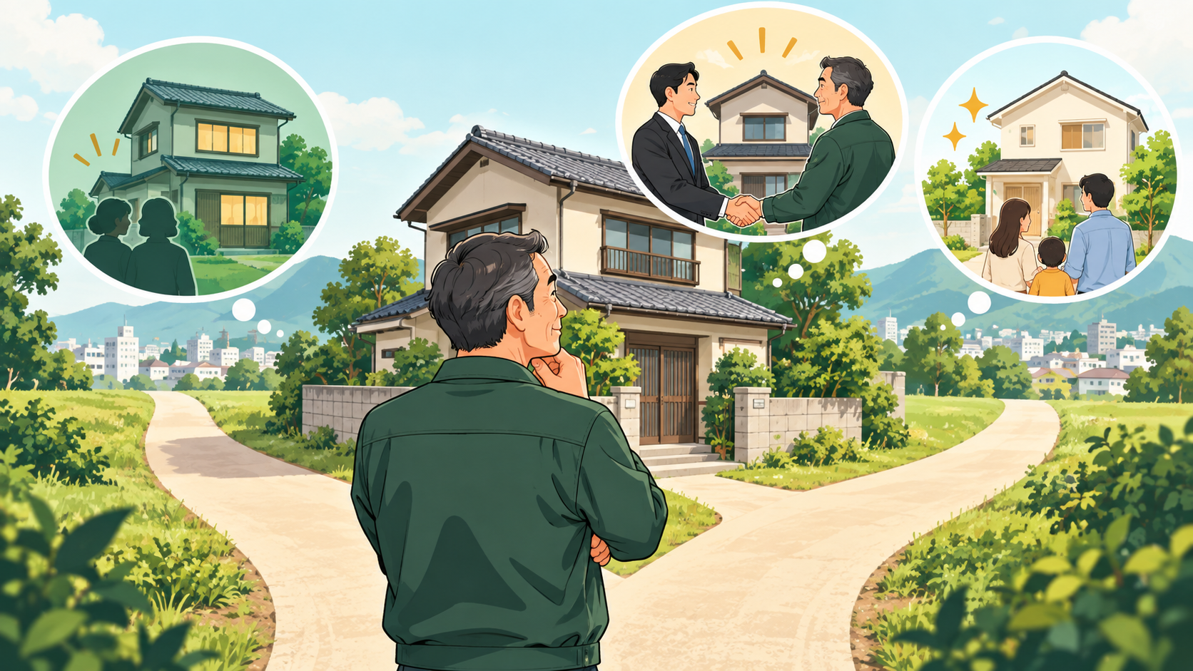 築古戸建ての保有・投資家売却・実需売却を比較する大家のイラスト