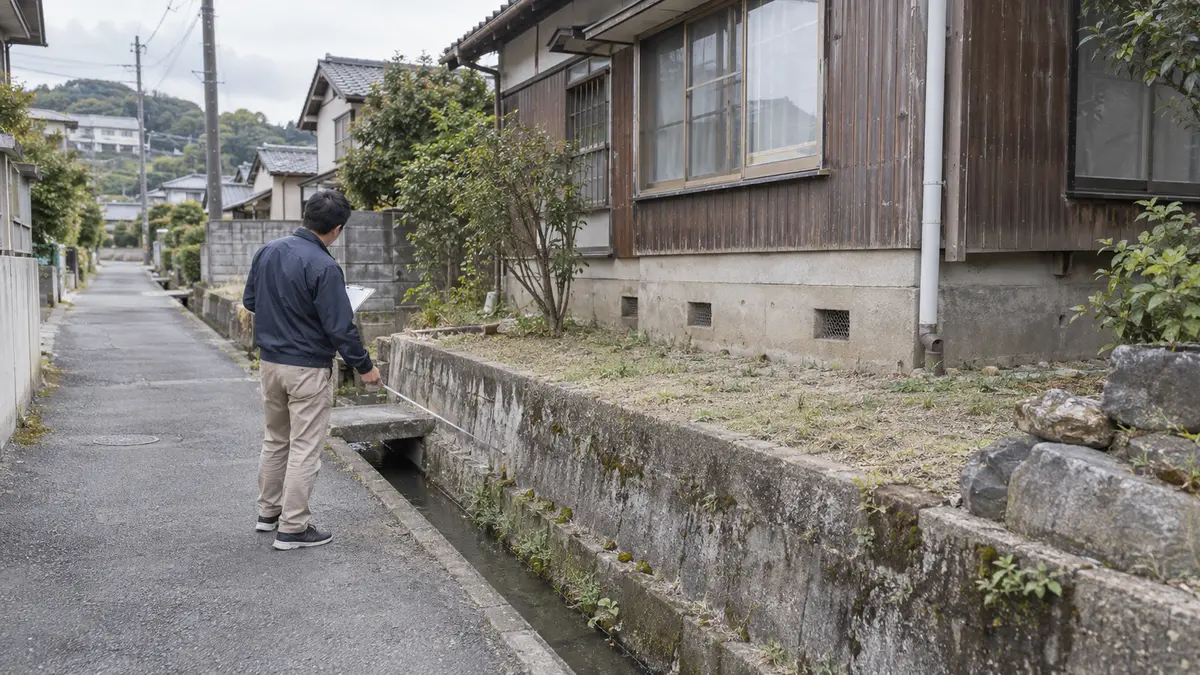 築古戸建ての接道・排水・敷地高低差・基礎を外から確認する様子