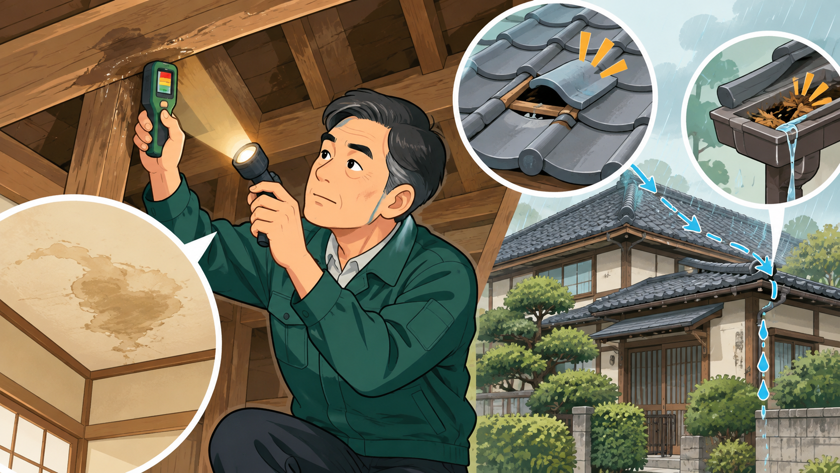 築古戸建ての天井や屋根で雨漏りの兆候を確認する大家のイラスト