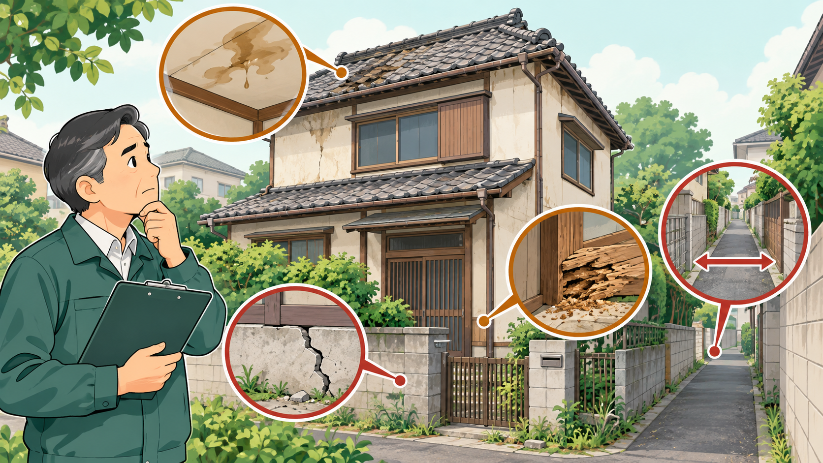 戸建て投資で失敗しやすい物件の特徴を確認する大家のイラスト