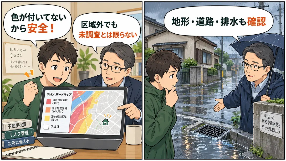 ハザードマップで区域外でも地形・道路・排水の確認が必要なことを示す2コマ漫画