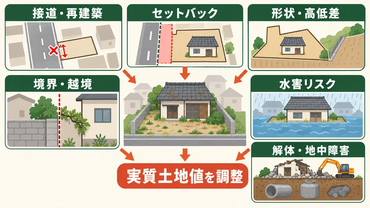 接道・セットバック・形状・境界・水害・解体費が実質土地値を下げる条件の図解