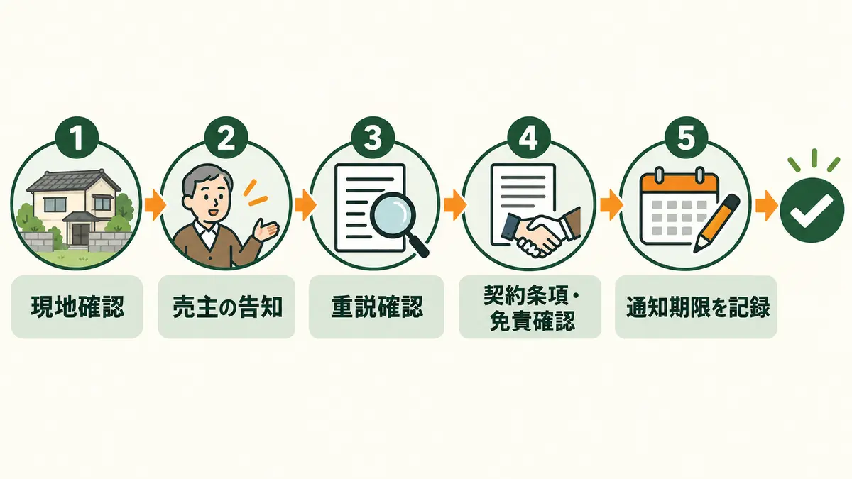 現地確認から売主告知・重要事項説明・契約条項・通知期限までの契約前確認フロー