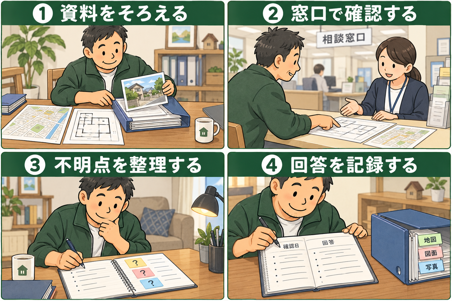 資料をそろえ、窓口で確認し、不明点と回答を記録する大家の4コマ漫画