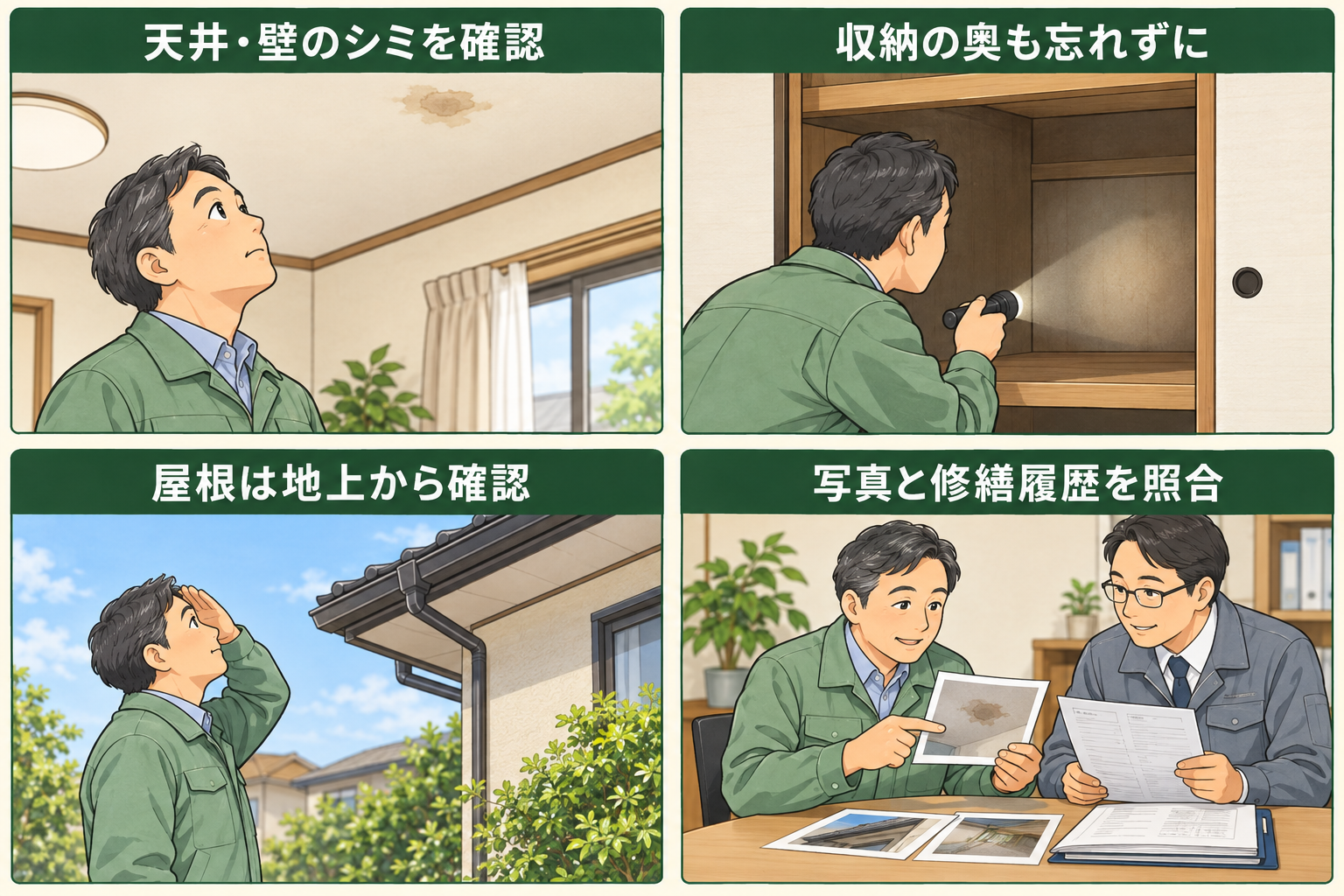 天井のシミ、収納内部、地上からの屋根確認、修繕履歴の照合を示す4コマ漫画