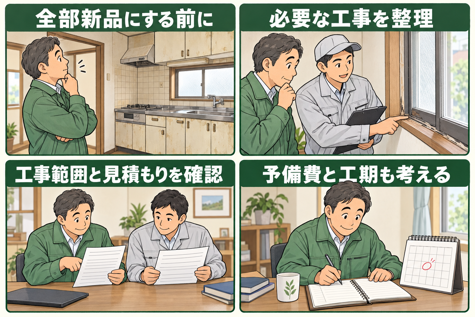 リフォーム前に必要な工事、見積もり、予備費と工期を整理する4コマ漫画