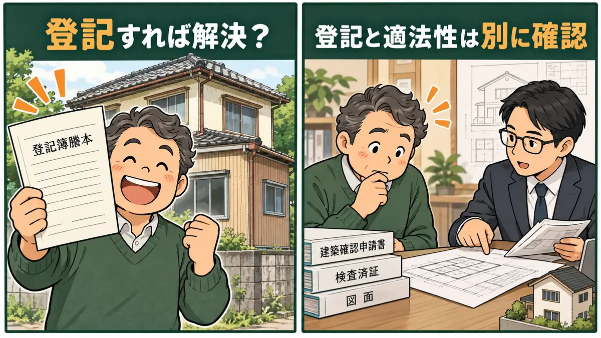 未登記増築は登記すればすべて解決すると誤解し適法性を別に確認する2コマ漫画