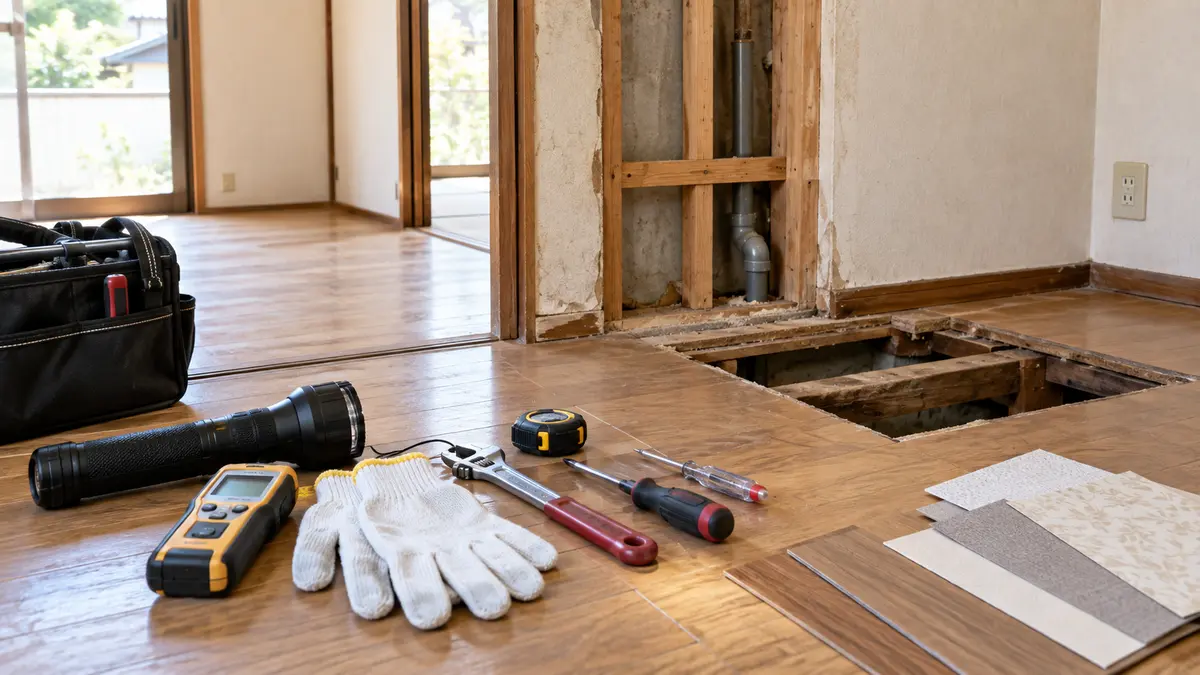 築古戸建ての床下と配管を工具で点検し、修繕の優先順位を確認する室内