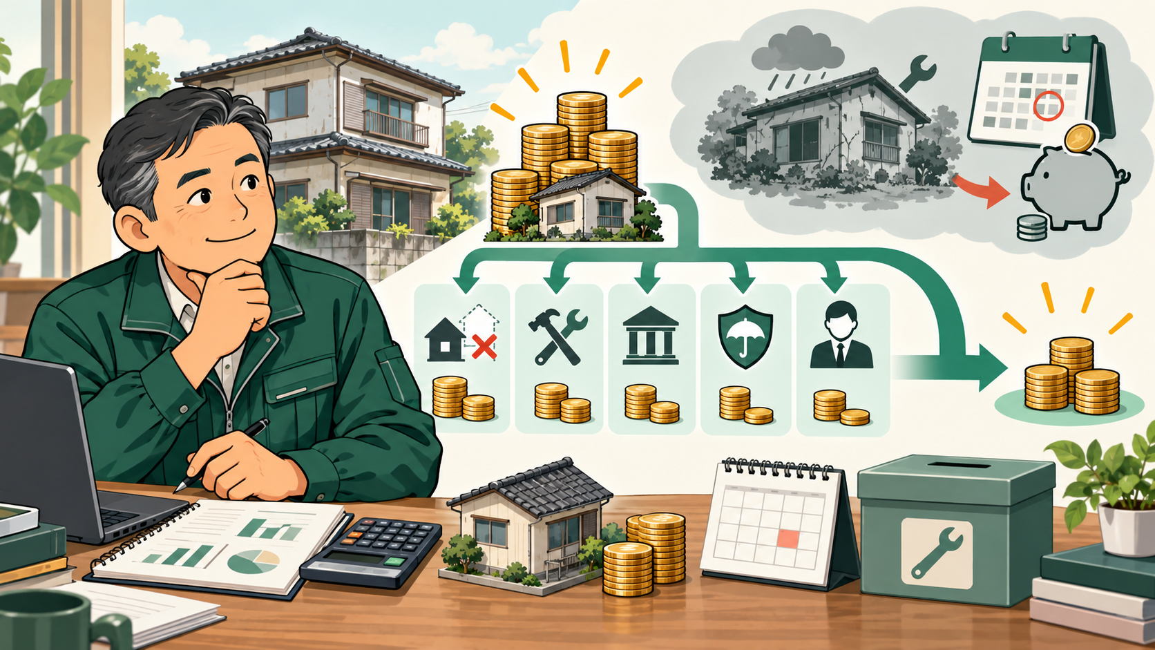 空室・修繕・税金などを含め築古戸建ての実質収支を計算する大家のイラスト