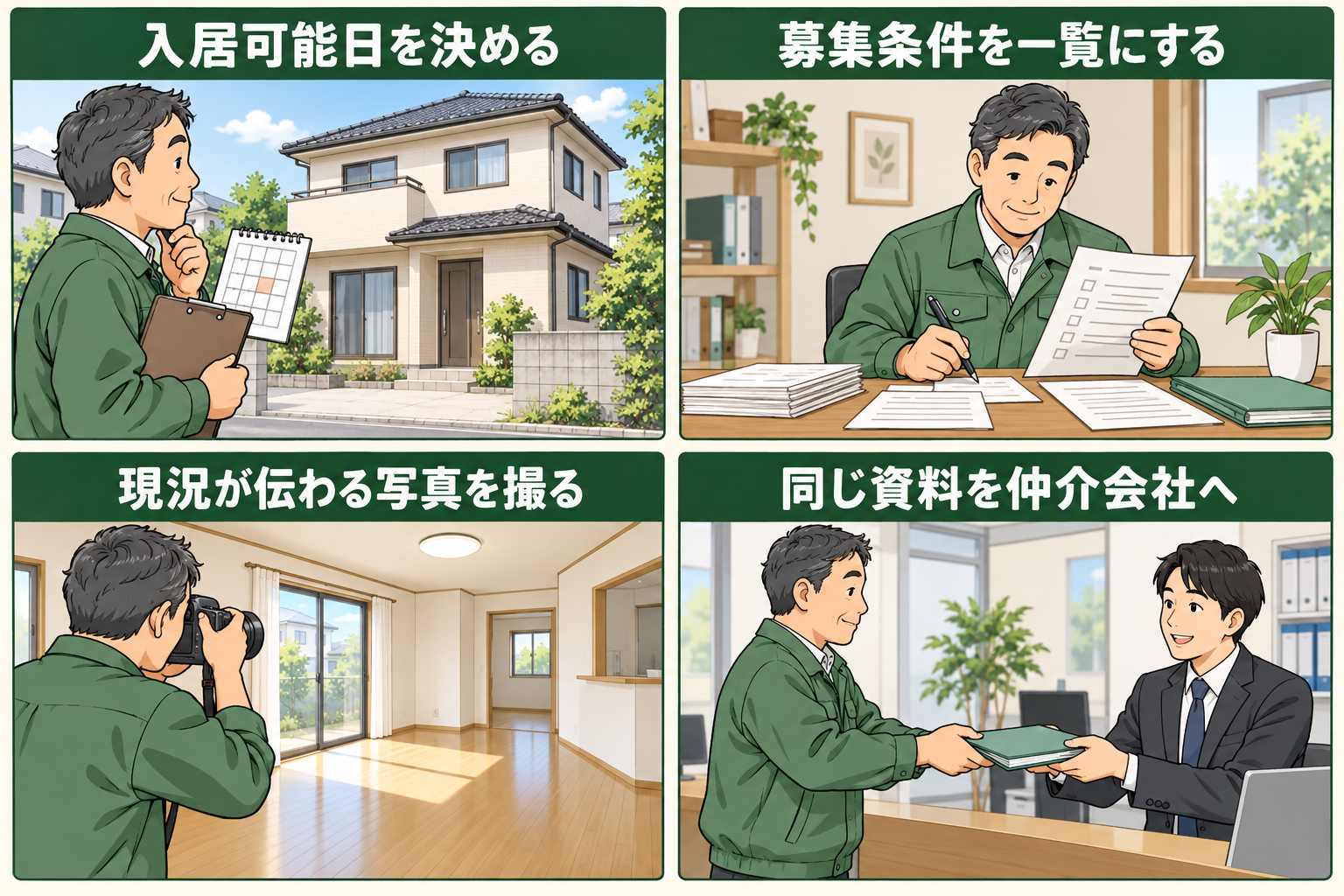 入居可能日、募集条件、現況写真、仲介会社への資料共有を示す4コマ漫画