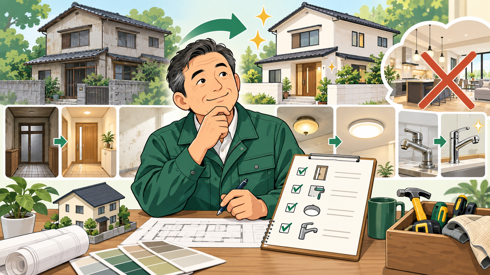築古戸建て賃貸のバリューアップ工事を優先順位で検討する大家のイラスト