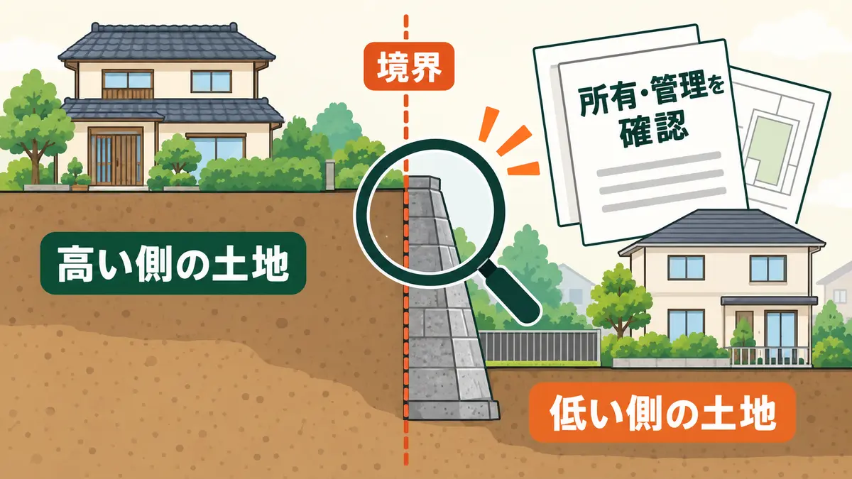 築古戸建ての高い側と低い側の土地・境界・擁壁の位置関係と所有管理確認を示す図解