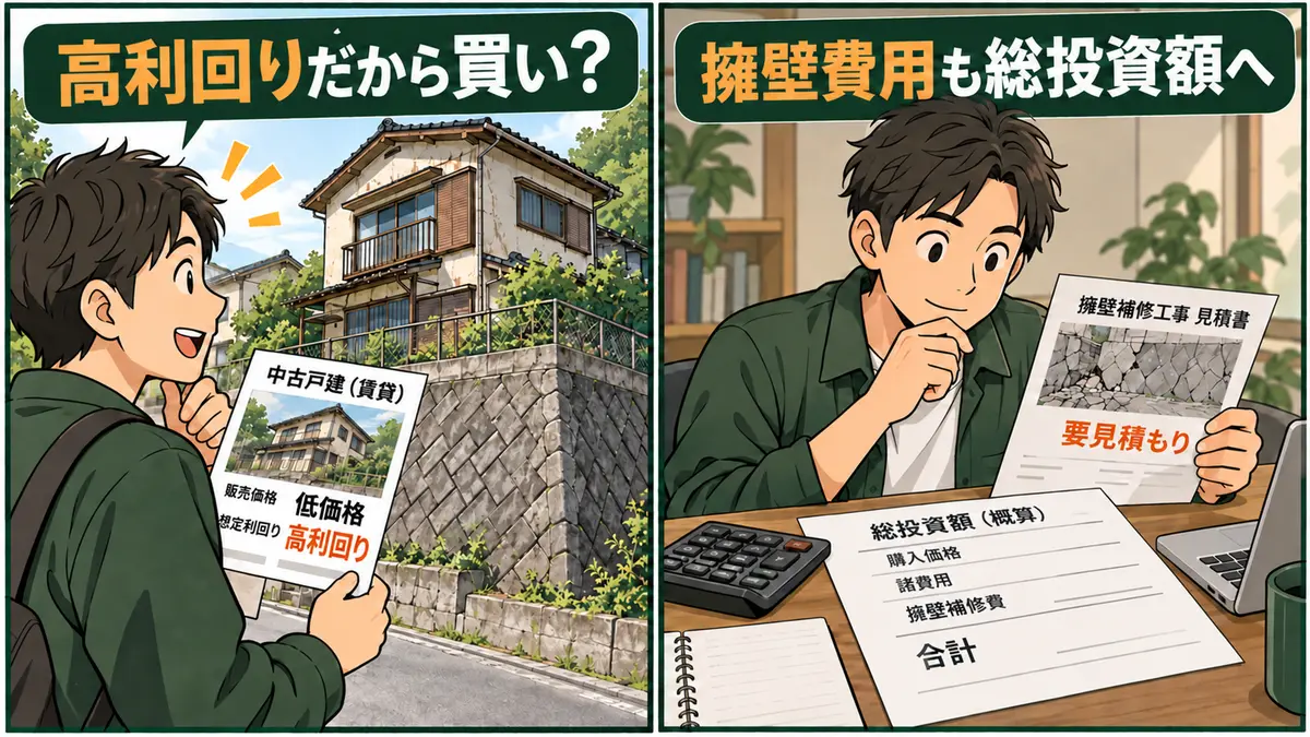 高利回りの築古戸建てでも擁壁補修費を総投資額へ含めて判断する2コマ漫画